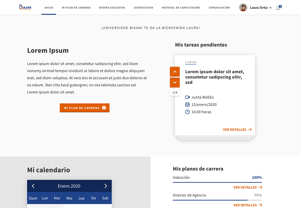 Pantalla de inicio de la Plataforma Integral de Aprendizaje